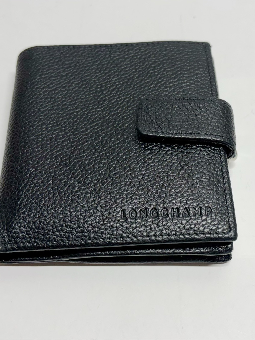 Longchamp Black Pebbled Leather Snap Wallet